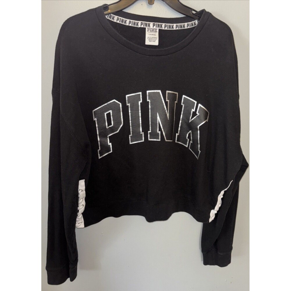 Victorias Secret Pink Logo Crop Crew Sweat Shirt Tie Up Sides Small Sz Large - Picture 1 of 5